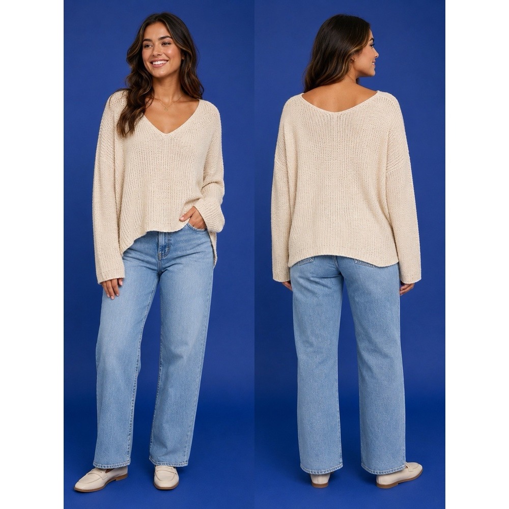 Pink Lily V Neck Oversized Fit Sweater Cream White Medium Pullover Basic